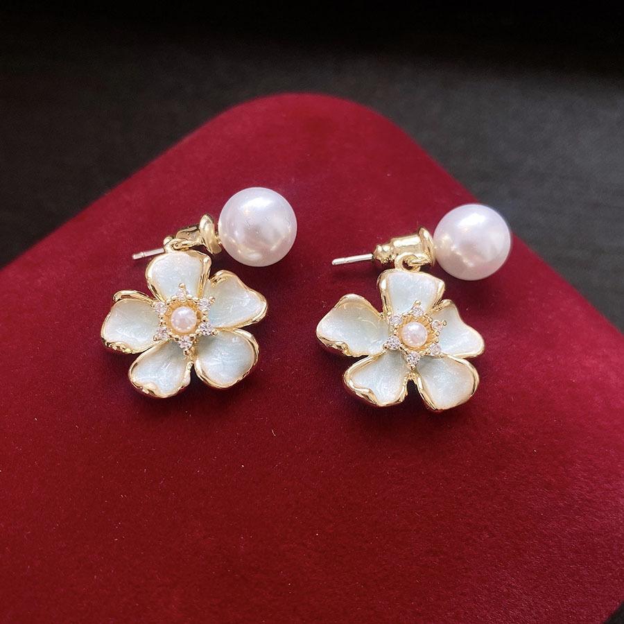 Zircon Oil-drop Flower Pearl Earrings for Women Fashion Sweet Drop Earring Light Luxury High-end Luxury Designer Zircon