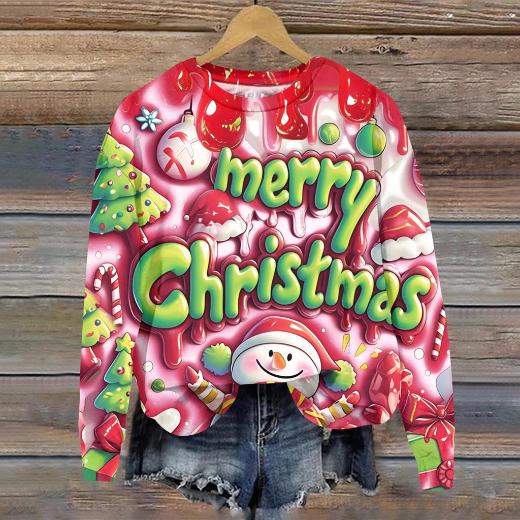 Ladies' Christmas Printed Long Sleeved Round Neck Hoodie Loose Top