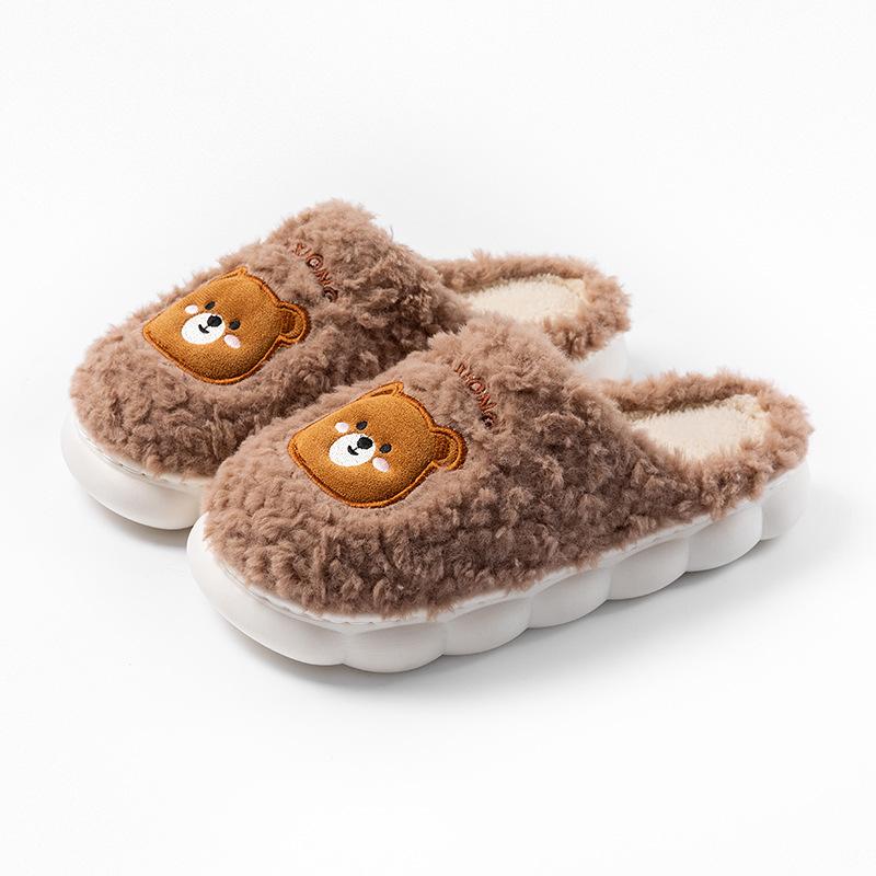 Home cotton slippers couple thick bottom non-slip warm cartoon bear design new home fluff mop
