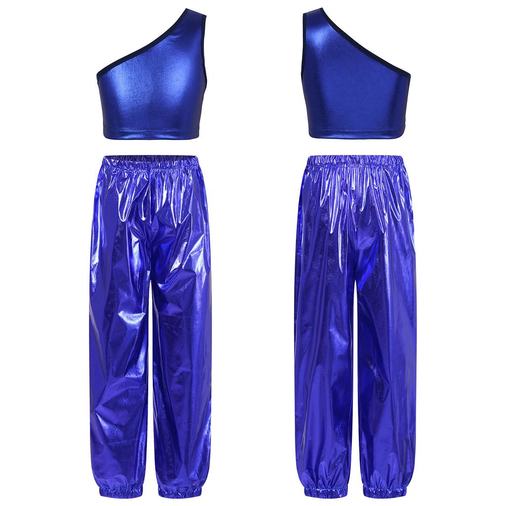 Conjunto de Fiesta de Baile para Niñas Chaleco Corto Metálico de un Hombro Pantalones Brillantes para Actuaciones Escénicas Eventos de Cumpleaños