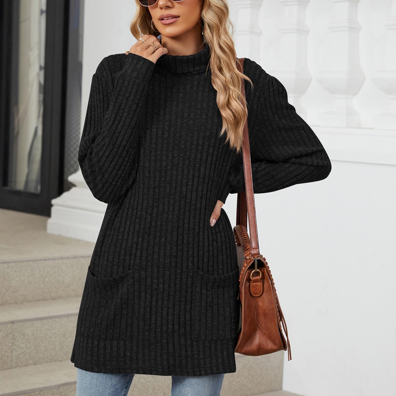 

Women s Fashionable Solid Color Half High Neck Long Sleeved Wide Hem Slit T-shirt Top S чёрный