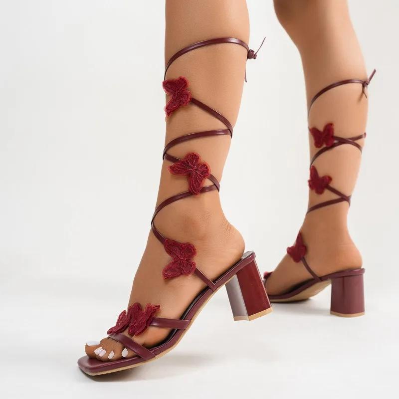 Fashion Women's Sandals Square Heel Ankle Strap Bow 7cm Heel High 35-42 Shoes Women Dress Fashion Lovely Square Toe Sandalias De Mujer