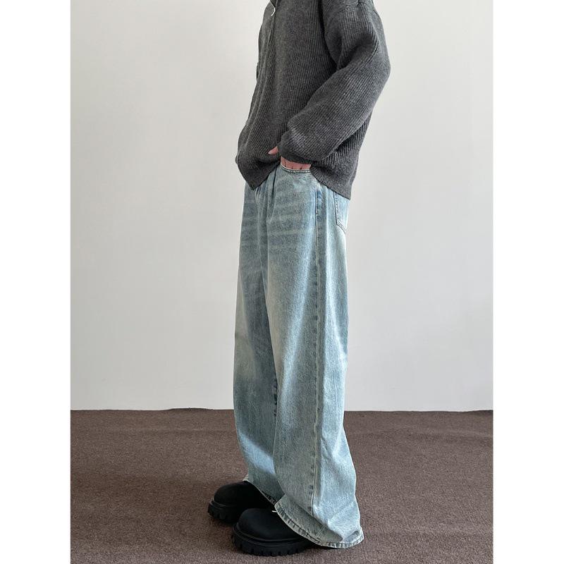 Unisex Cleanfit Washed Blue Wide-Leg Jeans – Trendy and Loose Straight Vibe Pants