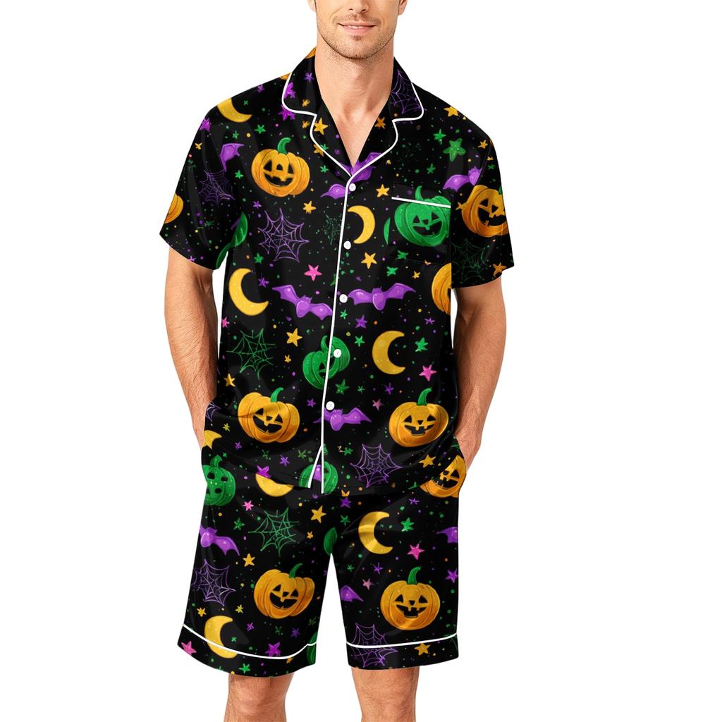 Men's Short Sleeve Pajama Set Button Down Shirt with Curved Hem and Matching Shorts Soft Casual Sleepwear S To XXXXL