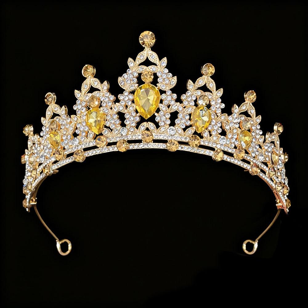 Gold Champagne Bridal Tiara Crown Three Piece Wedding Necklace Earrings Rhinestone Set Wedding Accessories