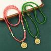Ethnic Style Hollow Carved Lucky Bag Pendant Green Imitation Jade Handmade Beaded Long Necklace