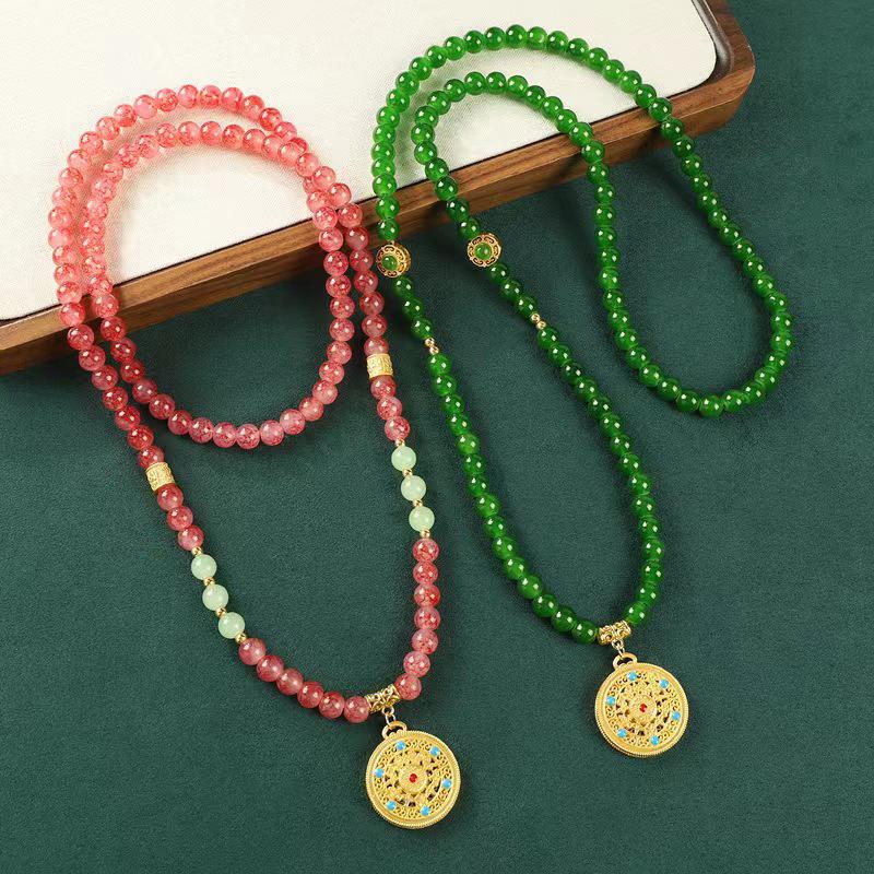 Ethnic Style Hollow Carved Lucky Bag Pendant Green Imitation Jade Handmade Beaded Long Necklace
