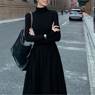 Rollkragenkleid, französisches Kleid, langer Rock, Hepburn, schwarzes Langarmkleid, Herbst- und Winterkleid