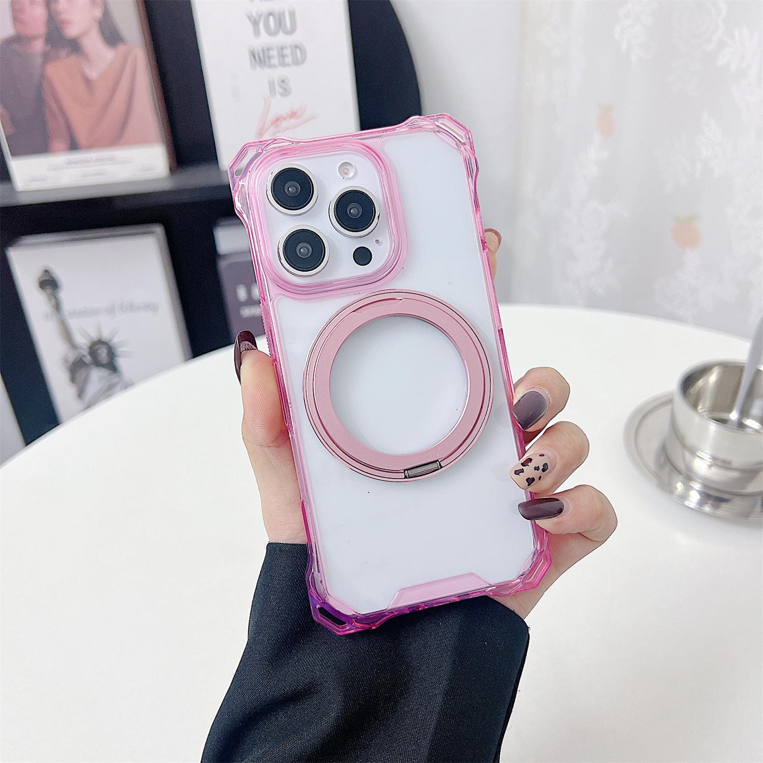 

For iPhone 16 Pro Max Magnetic Case Ring Kickstand TPU+PC Phone Cover Pink