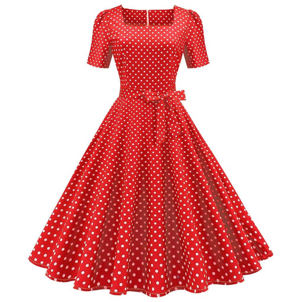 Retro Women's Square Neck Short Sleeve Polka Dot Print Lace Up Waist Big Swing Dress