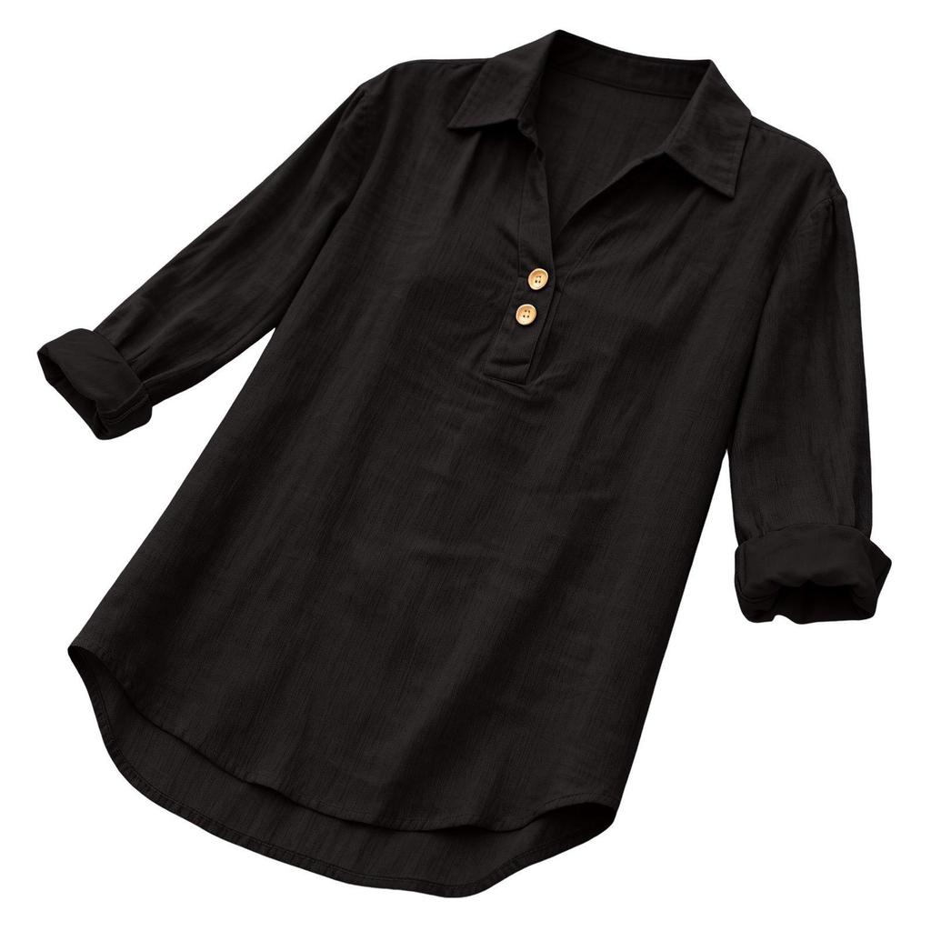Women's Seven-Sleeve Cotton Linen Lapel Shirt - Solid Color, Casual, Breathable