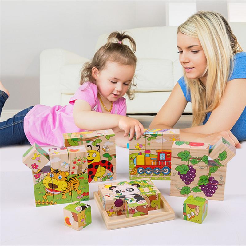 Wooden Six Sided 3D Cube Jigsaw Puzzles Children Kids Toys Animal Fruit Traffic Cognize Early Learning Educational Toys Fun Game