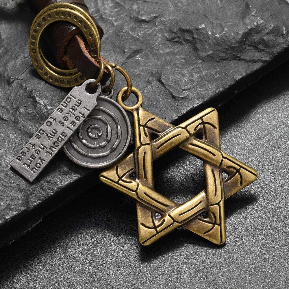 

Брелок для велосипеда Мужские и женские подарки Сплав Бронза Смайлик Гексаграмма Ретро Плетеный Брелок из коровьей кожи