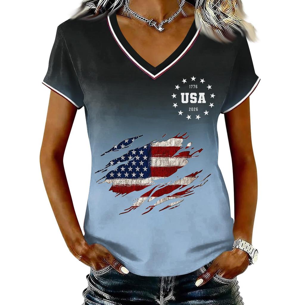 T-shirt Pull Col V Manches Courtes Décontracté pour Femme Imprimé Patriotique Dégradé Haut Jour de l'Indépendance T-shirt Graphique Drapeau USA