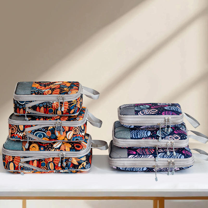 4Pcs/set Creative Printed Compression Packing Cubes Organizer Set Lightweight Travel Suitcase Clothes Storage Bags