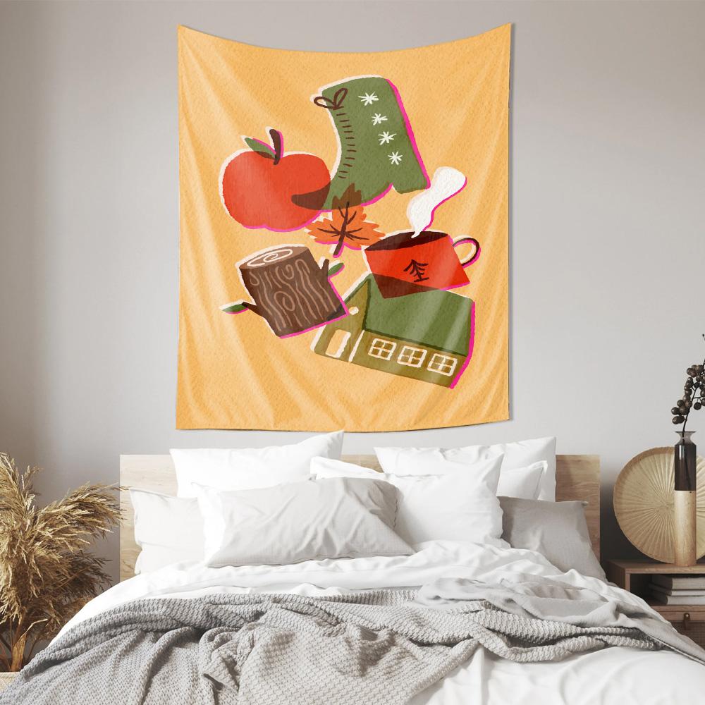 Autumn Cozy House Apple Boot Coffee Cup Wall Tapestry Machine Washable All Season Decor Print Fall Theme Design Home Quick Setup
