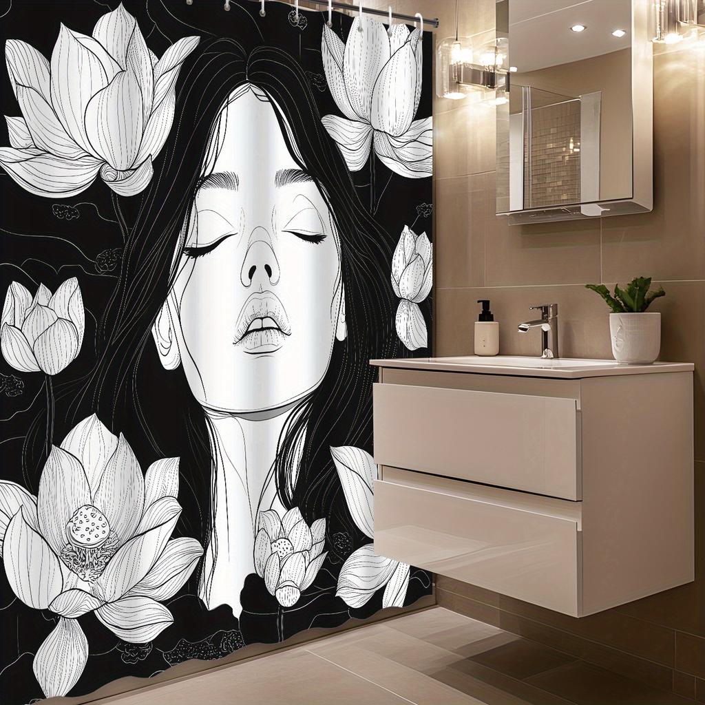 Black & White Line Sketch Beauty with Lotus Shower Curtain – 12 Hooks, Elegant Bathroom Decor