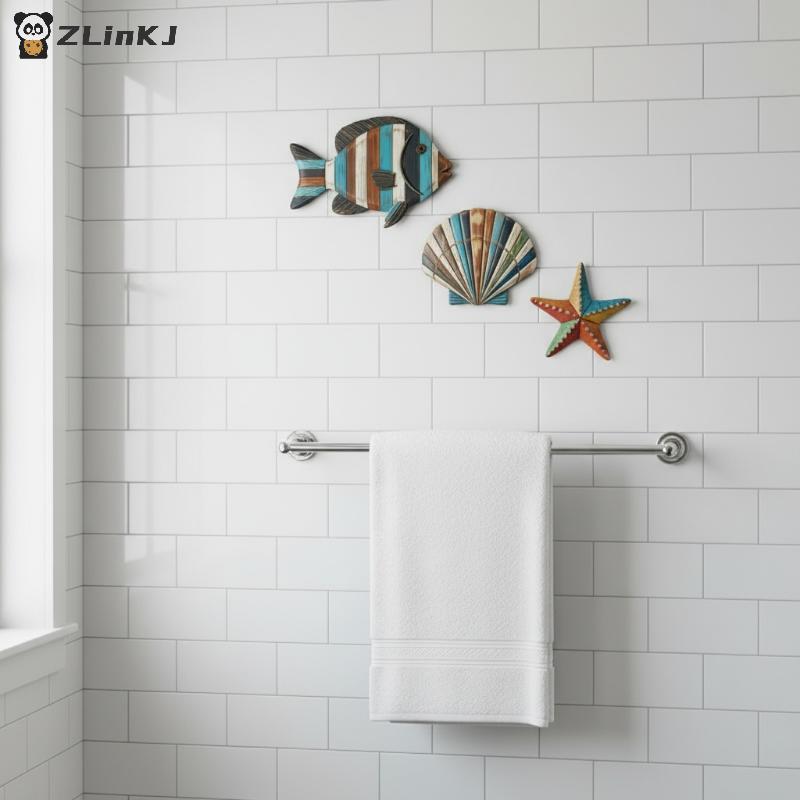Colorful Wooden Sea Animal Wall Decor 3pcs Set Fish  Starfish Art for Kids Room Bathroom Nautical Theme
