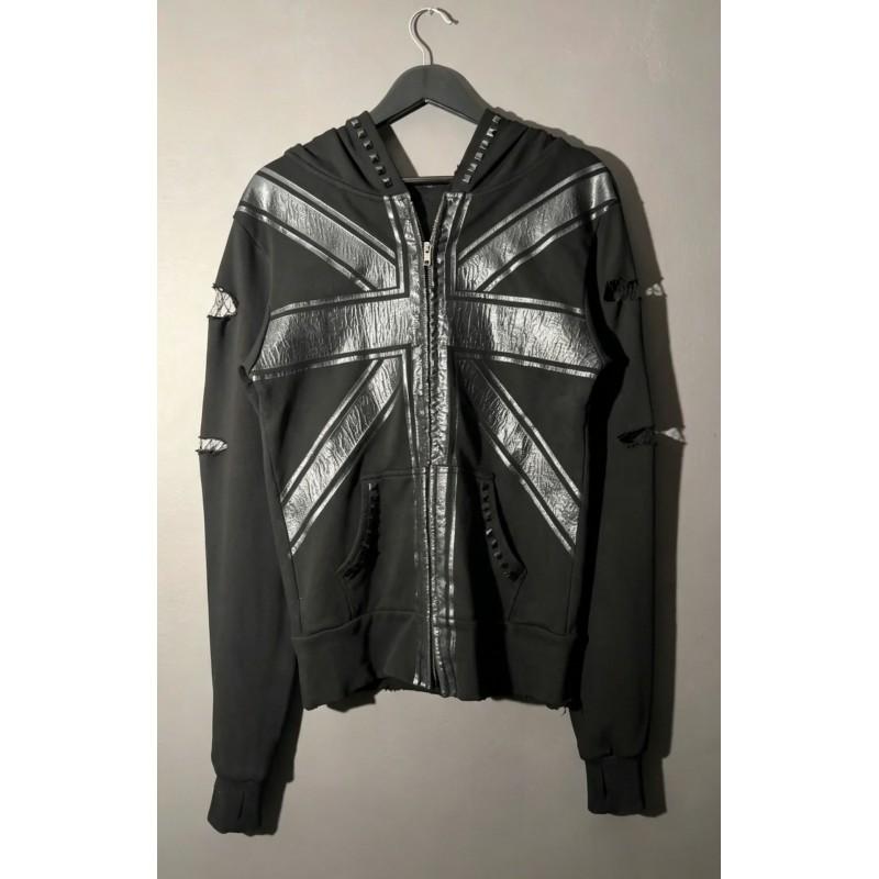 Black Vintage Hooded Sweatshirt With Metal Studs Geometric Print Streetwear Womens Regular Fit Long Sleeve