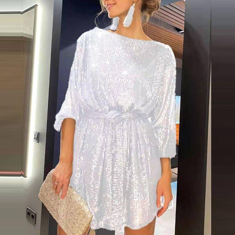 

Glitter Birthday Dinner Party Host s Dress Fashion Loose Lace-up Waist-Controlled Slimming Belly-Covering Dress White M