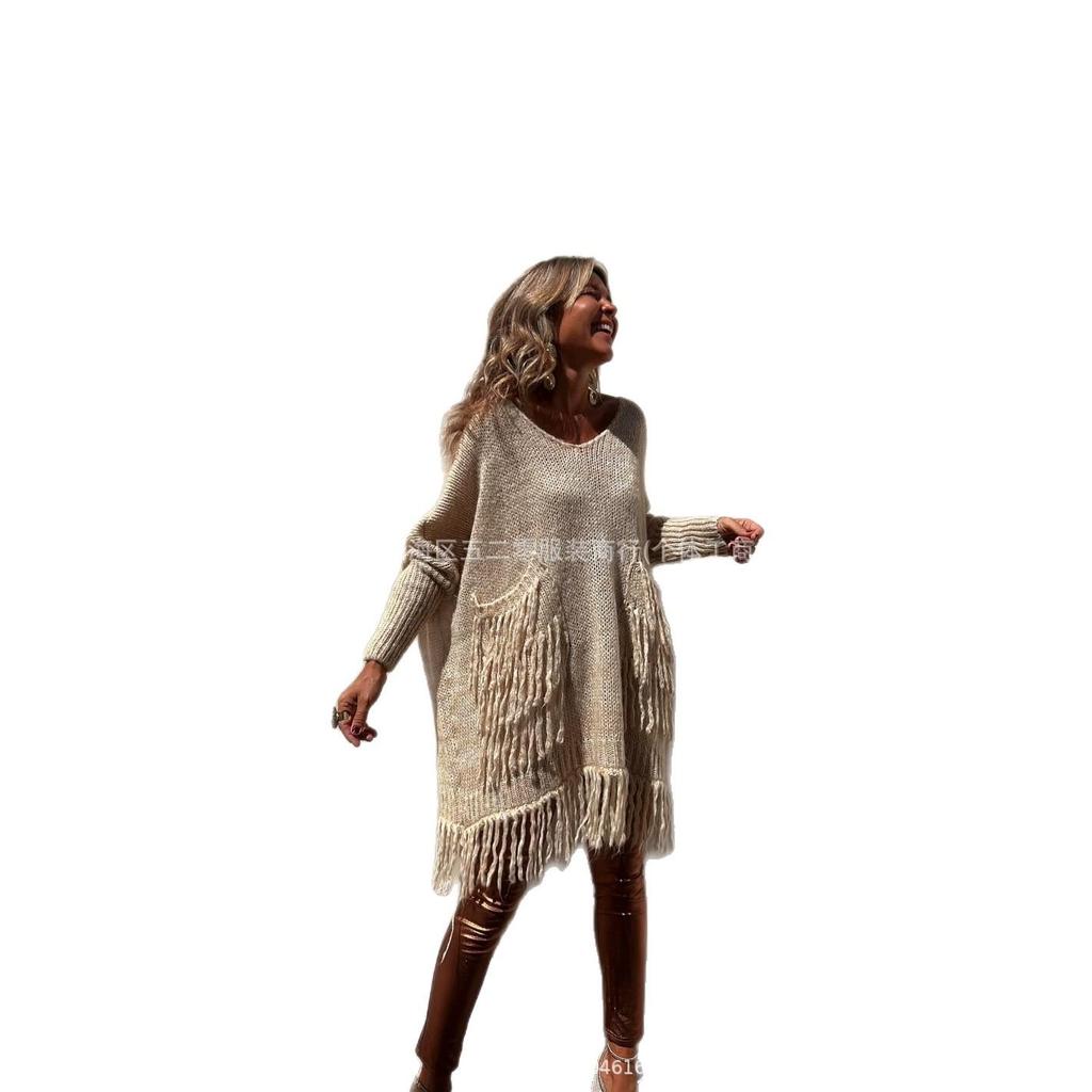 V-neck Loose Tassel Knit Sweater for Women - 3 Colors, Autumn/Winter 2026 Collection