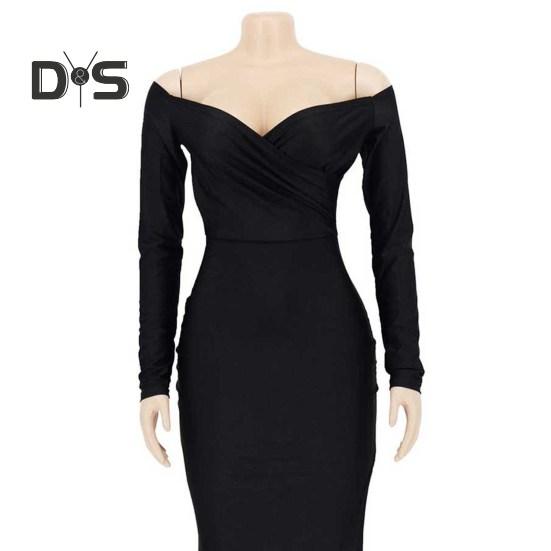 Lady Evening Dress V Neck Off Shoulder Side Slit Floor Length Long Sleeves Pleated Slim Fit Maxi Dress Ball Gown Banquet Party Dress
