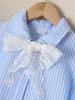 Girls Blue Striped Seersucker Dress, Short Sleeve Plaid Princess A-Line Sundress with Lace Bow for Kids 4-12 Years