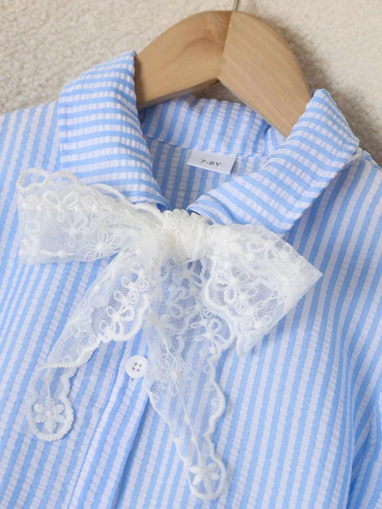 Girls Blue Striped Seersucker Dress, Short Sleeve Plaid Princess A-Line Sundress with Lace Bow for Kids 4-12 Years