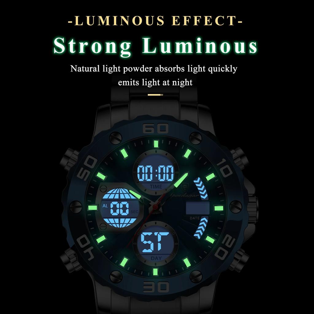 Poedagar E102 Analog Digital Quartz Men Watch Steel Band LED Dual Time Sport Watch Luminous Waterproof Chronograph Style