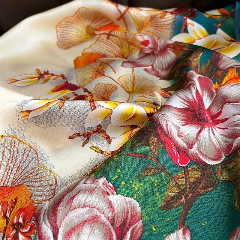 Vibrant Floral Square Scarf 70x70cm Silk Scarves Lightweight Spring Summer Bandana Blue Edge Trim Luxury Shawl Hijab
