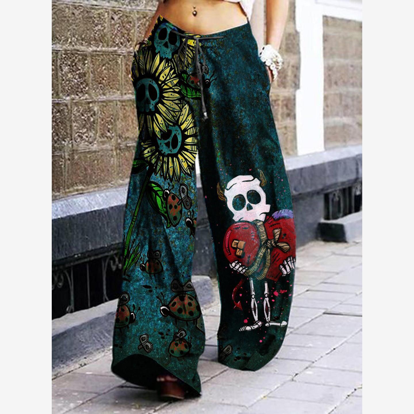 

Летние женские модные и повседневные прямые широкие брюки с высокой талией и принтом