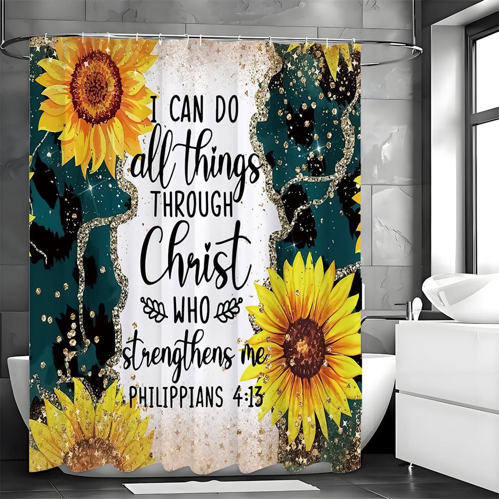 Sunflower Diamond Bible Inspirational Quotes Shower Curtain, Bathroom Decorative Shower Curtain, Waterproof Shower Curtain with