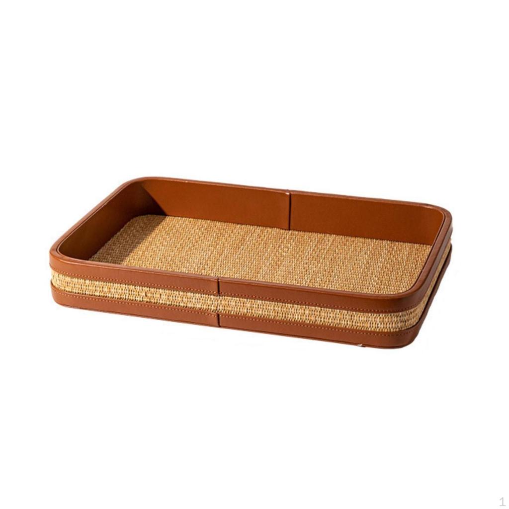 Woven Tray with Leather Rim Rectangular Grass Shallow for Entryway, Tabletop, Dresser S