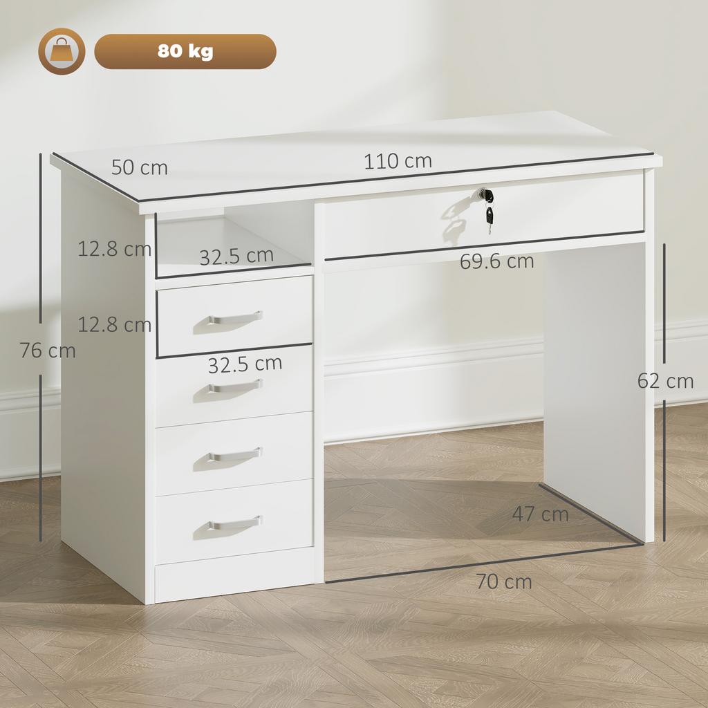 Bureau voor Slaapkamer of Kantoor in Hout met 2 Lades en 2 Sleutels, 110x50x76cm - Wit