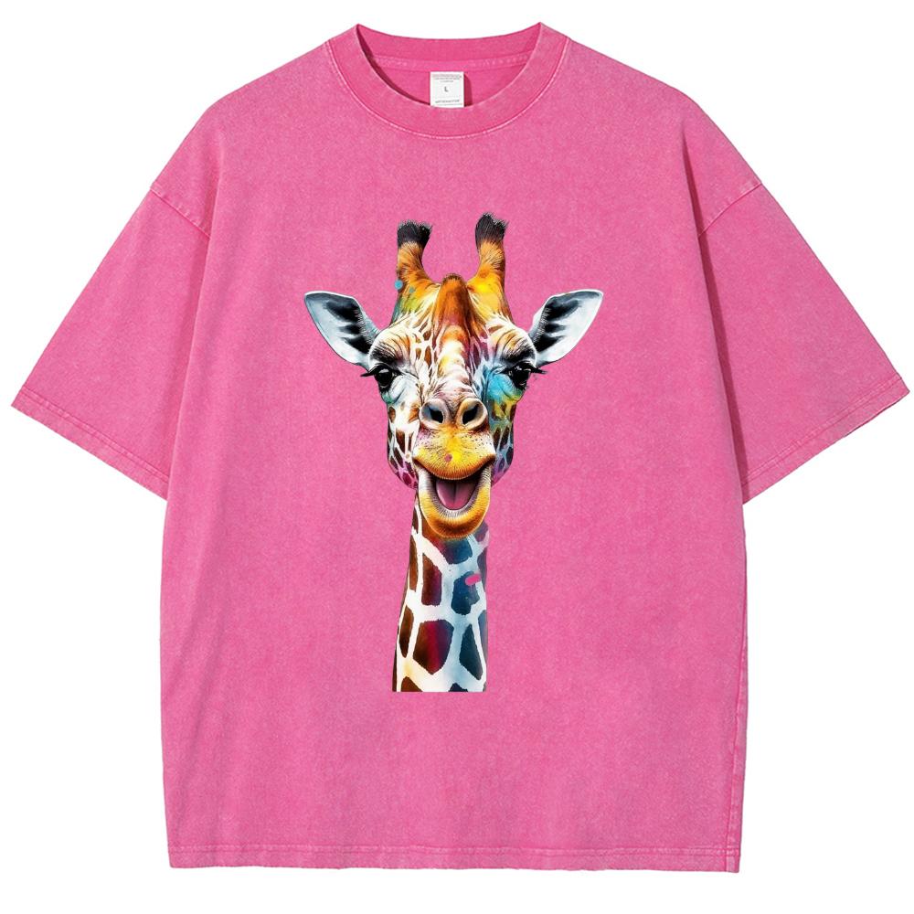 Letní dámské tričko bílé nadměrné Y2K potisk žirafy volný krátký rukáv unisex ležérní jednoduchý top muži