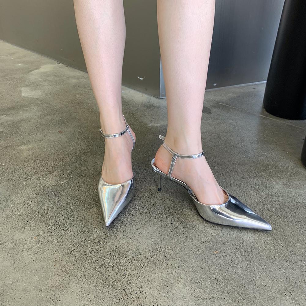 Fashion Gold Black Silver White Women Sandals Pointed Toe Summer Dress Shoes Thin High Heels Ankle Strap Sexy Party Gladiator Slides 39