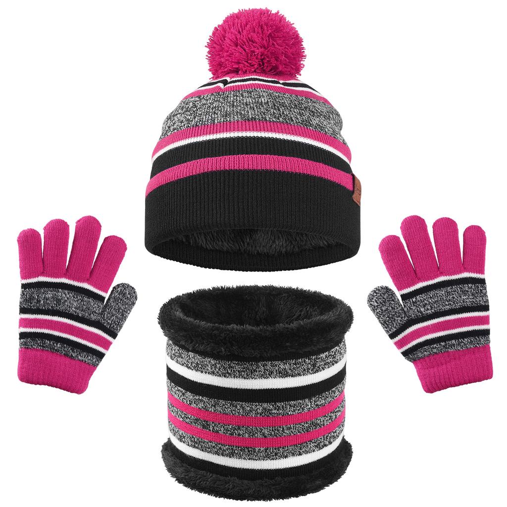 European and American Children's Wool Ball Hat Gloves Two Piece Set Christmas Gift Winter Plus Velvet Warm Knitted Hat