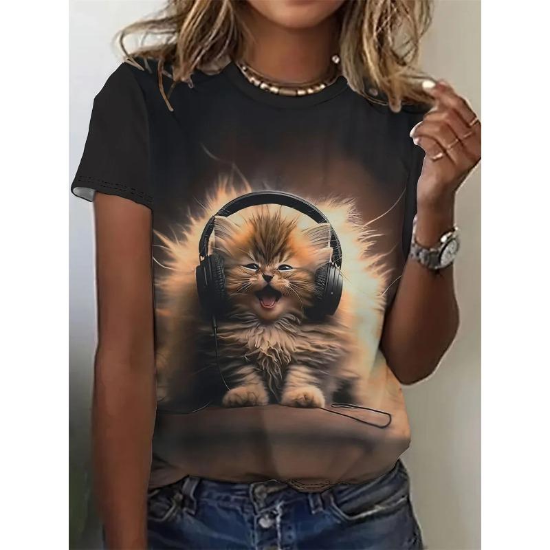 Summer Round Neck 3D Cat Print Top Fashionable Casual Short Sleeved Women's T-shirts