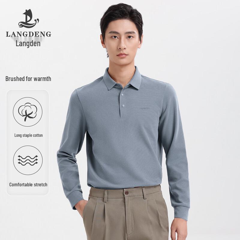 Langdeng Men's Elastic Brushed Long-Sleeve Polo Shirt