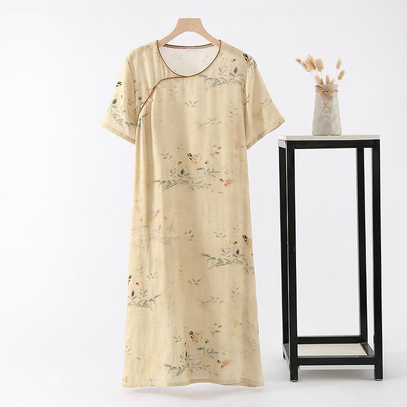 Women's Spring/Autumn Frog Button Sleep Dress - Short-Sleeved, Diagonal Lapel, Comfortable Chinese Style for Home or Outdoors