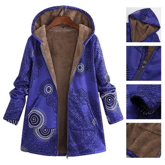 Damenmantel Reißverschluss Plüsch Vintage Ethno Warm Mit Kapuze Winterjacke für den täglichen Gebrauch