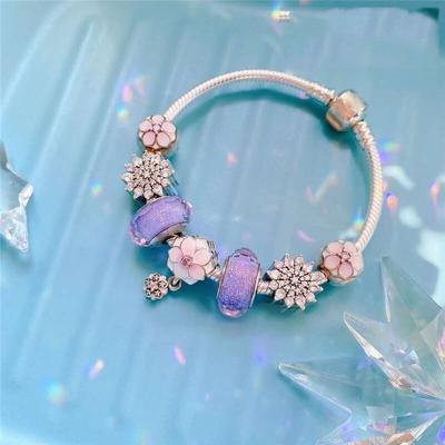 925 Sterling Silber Mode Klassische Taste Mit Rosa Pfirsich Blüte Charm Armband Fit Original-Pan Charm Weiblichen Diy Schmuck