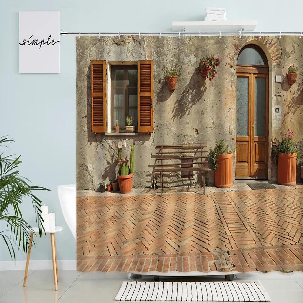 

Vintage Stone Wall Flowers Shower Curtains Retro Window Plants Modern Fabric Print Garden Bathroom Decor Bath Curtain Set Hooks W60H190(CM)-1 Pcs