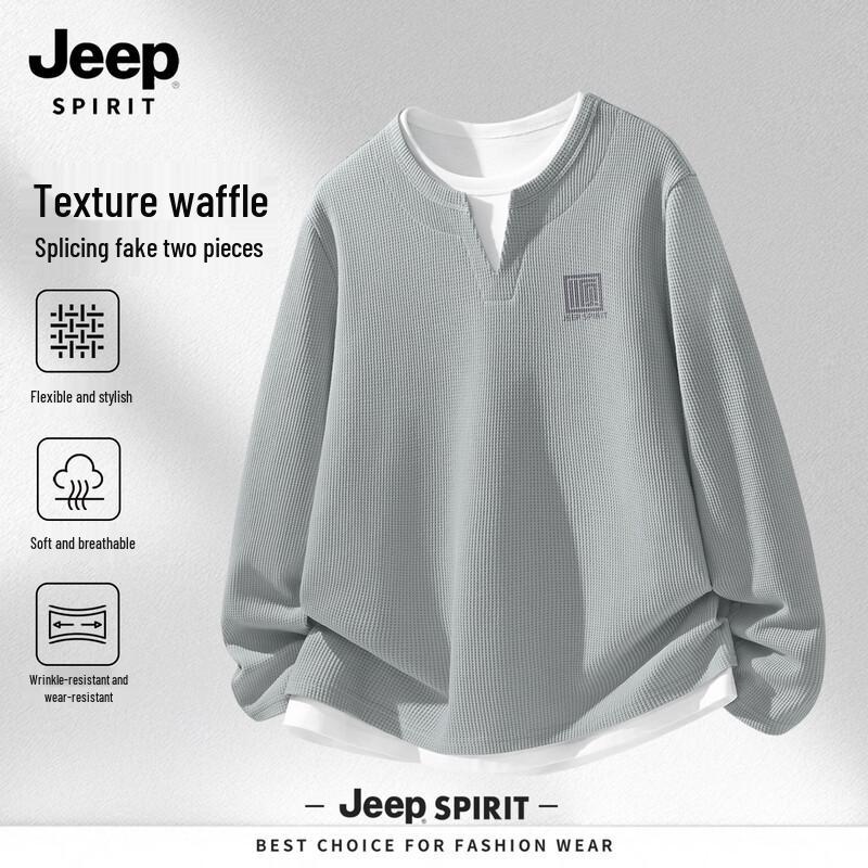 JEEP SPIRIT Men s Loose Fit Waffle V-Neck Faux Layer Long Sleeve Tee L