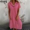 Damenmode Sommer Frühling Einfarbig Druck Kurzarm POLO Hals Lose Taille Casual Kleider