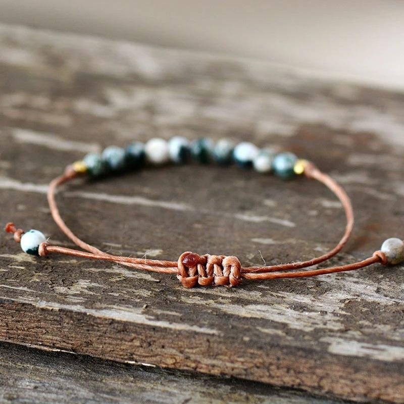 Ethnic Style Moss Agate Beaded Bracelets, Handmade Braided Rope Crystal Bracelets for Women, Woven Adjustable Jewelry Wholesale