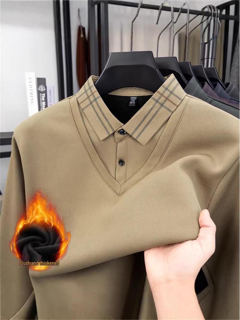 Men's Winter Thickened Velvet Two-Piece Faux Layered POLO Shirt with Warm Lapel - Long Sleeve for Middle-Aged Dad
