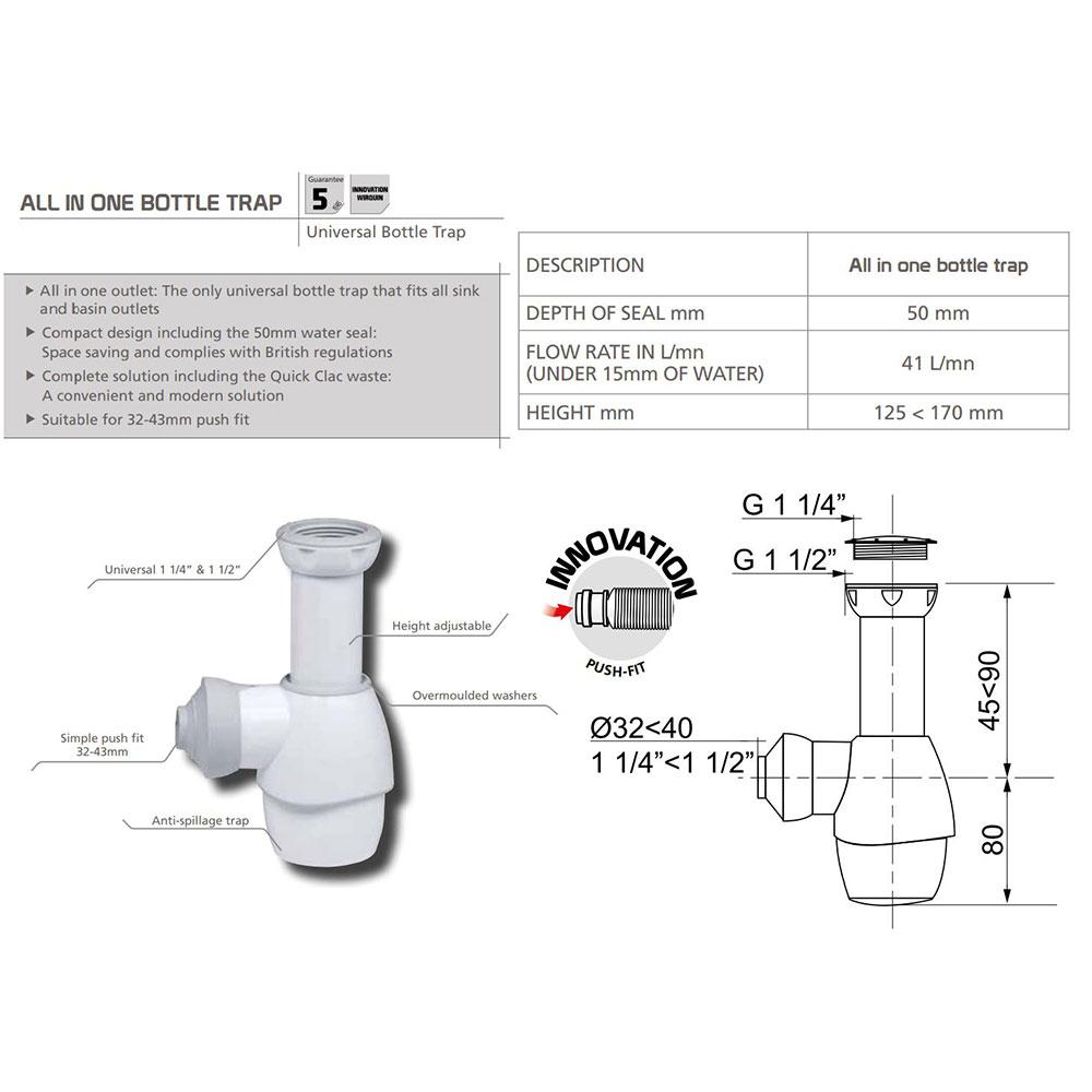Universal Washbasin Siphon 32-43 Mm With Push-In Connection