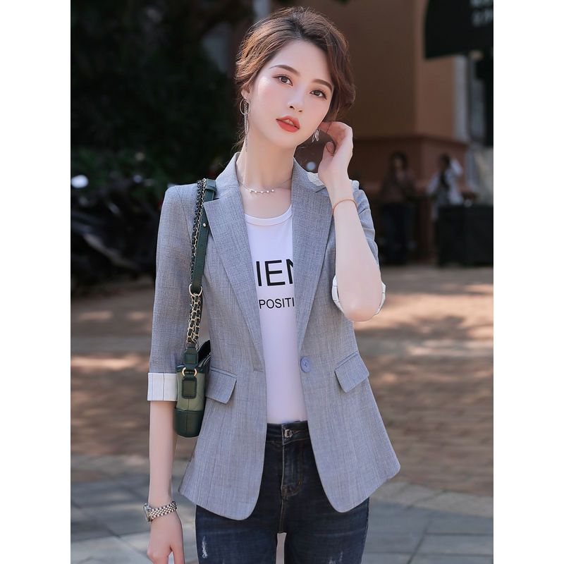 K-style Spring/Summer New Arrival Fashion Commuter Ol Thin Suit Collar One Button Five-Quarter Sleeve Small Business Suit Coat Easiest for Match Women