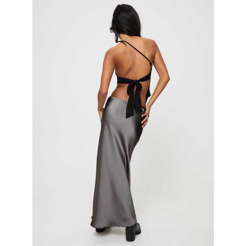 Waist Tie High Satin Drawstring Solid Color Halter Skirt